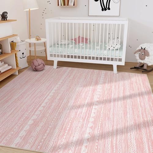 Nakagishi Pink Rugs for Bedroom Girls: 8x10 Washable Boho Large Neutral Cute Soft Area Rug Modern Indoor Floor Non Slip Accent Carpet for Living Room Nursery Kids Playroom Preppy Room Dorm Baby Room