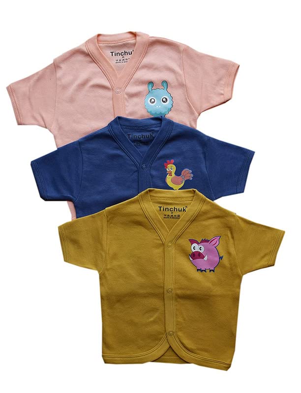 Tinchuk Baby Boy's and Baby Girl's Summer Cotton Front Open Half Sleeves Jhabla Multicolored Solid Color Tees with Cute Cartoon Print Cotton Jhabla Vest Pack of 3 (Multicolor, 9-12 Months) 1