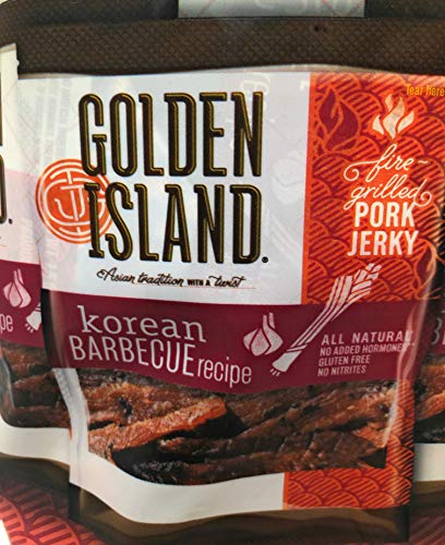 Golden Island Korean Barbecue Recipe Gluten Free Pork Jerky Bulk Pack of 2 Bags - 18 oz Per Bag - 36 oz Total - 12 Individual Snack Packs Per Bag