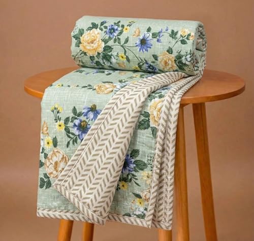 Image of VAS COLLECTIONS Cotton AC Blanket for Single Bed (152 x 225 cm) | Reversible Soft Lightweight All-Season Blanket | Skin-Friendly & Breathable Comforter (Mint Blossom Garden)