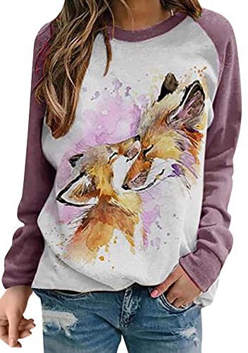 Yming Frauen Lässige 3D Tiere Sweatshirts Rundhals Bluse Langarm Oberteil Freizeit Fuchs XL