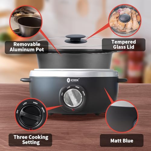 Image of ICOOK USC-35-OP001BK 3.5 Quart Slow Cooker,Aluminium Sear /Saute Stew Pot Stovetop safe,Dishwasher Safe,Glass Lid,Adjustable Temp,Food Warmer,Black
