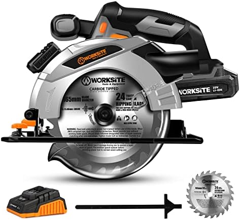 WORKSITE Cordless Circular Saw, 20V MAX 6-1/2 Inch Circular Saw with Electric Brake, 2.0A Battery & Fast Charger, 4000RPM Speed, 2Pcs Blades for Woodworking