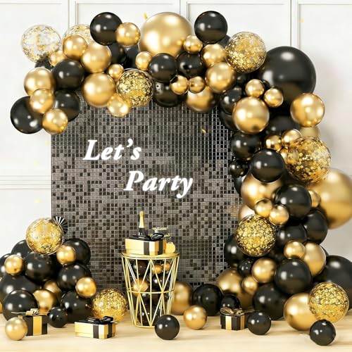 QIFU Black and Gold Balloon Arch Kit - 109pcs Balloon Arch Kit Black Gold Balloons with Confetti Balloons for Men Boy Birthday Party Wedding Engagement Graduation Decorations Prom 2026 Hajj Mubarak