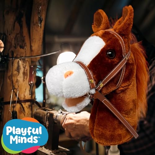 Image of Playful Minds Horse Riding Stick | Handcrafted Plush Hobby Horse Sticks | Handsewn Head, Sturdy Wood Stick | Plus Neighing & Clip-Clop Sounds for Kids Toddlers Preschoolers | Chestnut Red Style