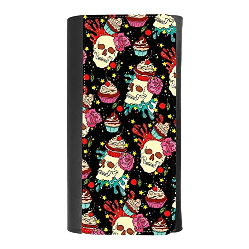 (Cupcake and Floral Skull Pattern) women's Patterned Leather Buckle Trifold Wallet Bag Pouch Holster With Credit Card Holder insurance for smartphones