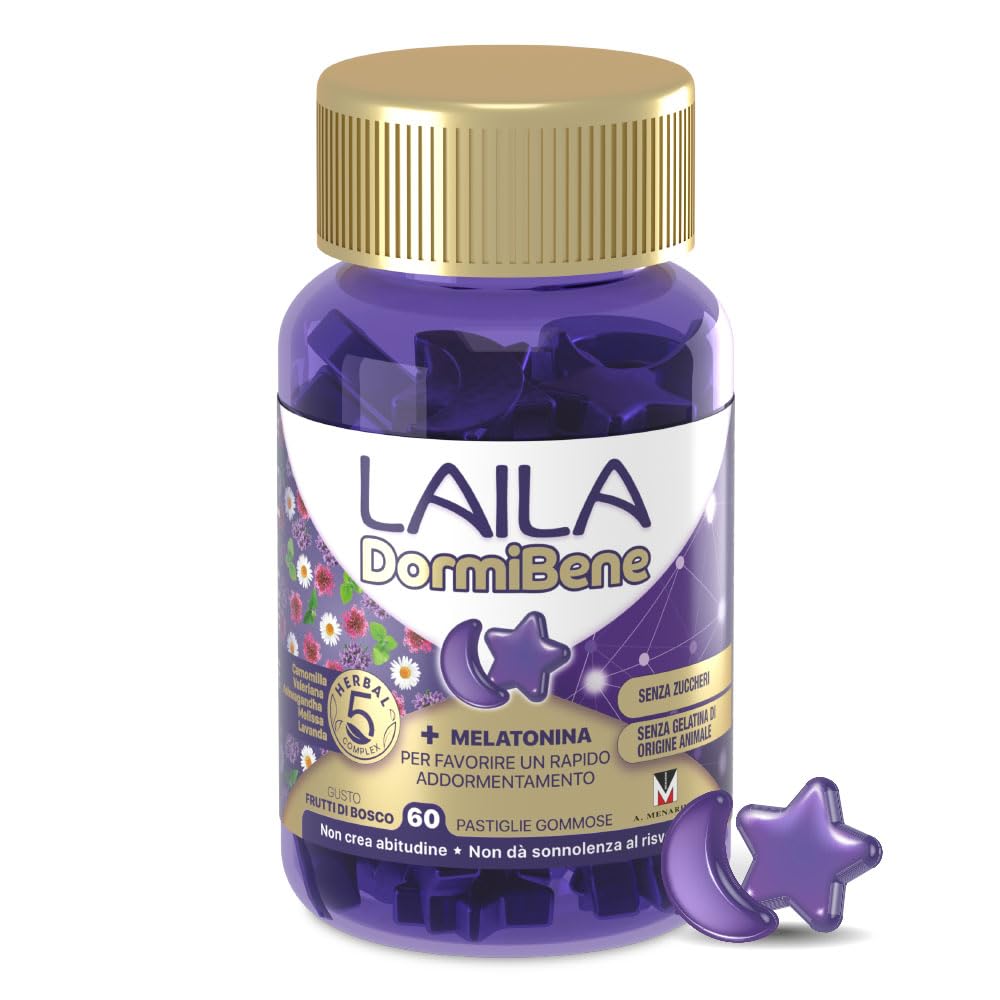 Laila DormiBene Integratore alimentare per il sonno a base di Herbal 5 Complex e Melatonina per favorire un rapido addormentamento. Confezione da 60 pastiglie gommose. Senza zuccheri