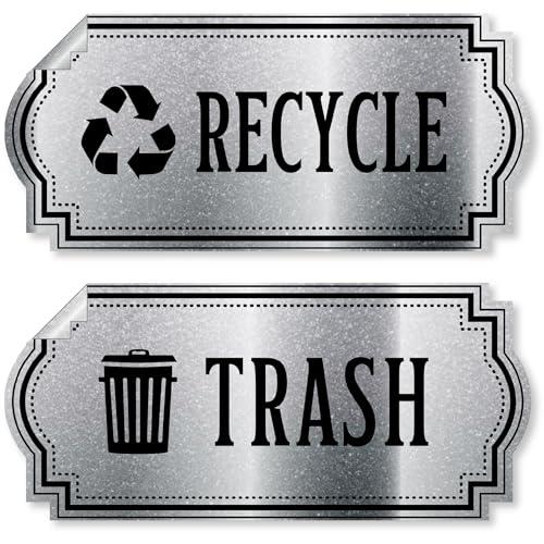 Image of Recycle and Trash Stickers for Trash Cans - Metallic Vinyl Recycling Bin Labels - 2 Pack - 4.75 inch by 2.25 inch Decals Logo - Waste Signs for Home Kitchen or Office Bins Indoor /Outdoor Use