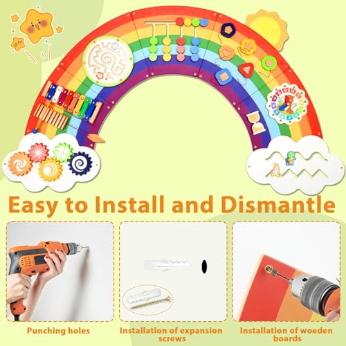 Image of 5FT Large Sunshine Rainbow Wooden Activity Wall Panel Christmas Gift Educational Montessori Toy for Toddler Kids Interactive Sensory Activity Busy Board Daycare Learning Center Toddler Room Decor