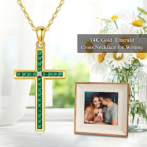 SISGEM 14K Gold Emerald Cross Necklace for Women,Yellow Gold Moissanite Cross Pendant Necklaces Religious Jewelry Anniversary Birthday Gifts for Wife Mom,16''-18''3