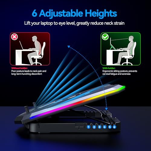 Image of ICE COOREL Gaming Laptop Cooling Pad with 8 Cooling Fans, Laptop Fan Cooler Pad for 15-17.3 Inch, Notebook Cooler Stand with 6 Height Adjustable, RGB Cooling Pad with Two USB Port + Phone Stand