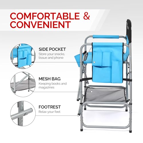 OmySalon Portable Tall Folding Directors Chair for Makeup Artists with Side Table and Storage Bag, 300 lbs Capacity, Blue