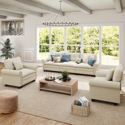 Image of SUNSHINE VALLEY 3-Piece 5-Seater Cloud Modular Sofa Set with Extra Deep & Wider Cushions, Oversized Mid-Century Modern Couch Set with Armchair and Throw Pillows for Living Room, Chenille Beige