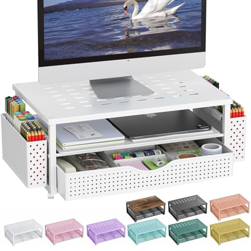 gianotter Desk Organizers and Accessories, Monitor Stand with Drawer and 2 Pen Holder, Desktop Organizer Suitable for Offices and Dormitories (White)