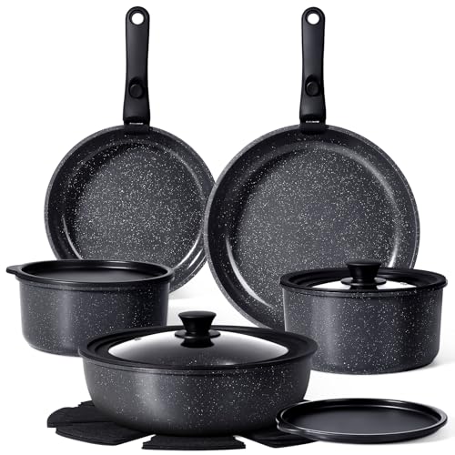 GiPP Cookware Set 15-Piece Cookware Set with Non-Stick Coating, 24/30 cm Frying Pan, 20/22 cm Sauté Pan, 28 cm Wok Grey