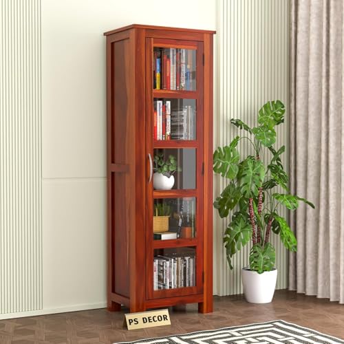 Image of Solid Sheesham Wood Book Shelf Cabinet with Acrylic Glass Door | Modern Wooden Bookshelf Storage Unit for Home Library, Living Room & Office | Honey Finish