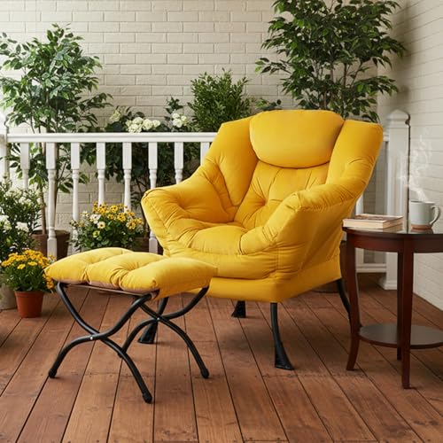 Image of Tiita Lazy Chair with Ottoman, Yellow Modern Large Accent Armchair, Comfy Leisure Sofa Reading Chair with Footrest for Bedroom, Living Room, Dorm Rooms, Garden, Velvet Yellow