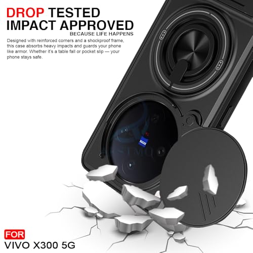 Image of AESTMO Vivo X300 5G Back Cover | Armor Camera Slider 360 Degree Rotating Finger Ring Holder Case with Bracket Stand Back Case Cover for Vivo X300 5G (Compatible with MagSafe Wireless Charging)(Black)
