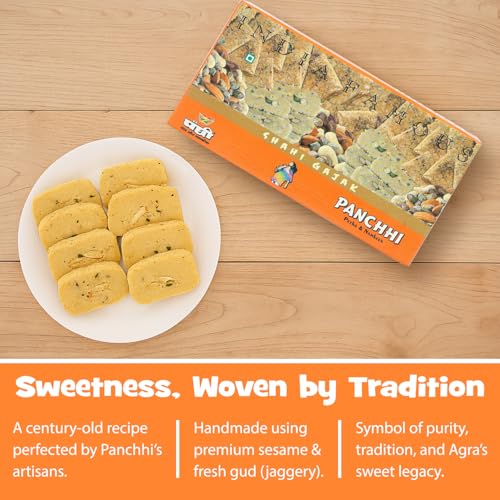 Image of Panchhi Shahi Gud Gajak 1Kg - Homemade Traditional Agra Gazak (Since 1926), Gajjak Made with Sesame Seeds, Gur & Dry Fruits | Crispy Tilkut Chikki, Healthy Jaggery Sweet for Winter, Festival & Gift