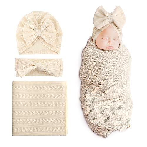 Image of DRESHOW BQUBO Newborn Receiving Blanket Toddler Warm for Girls with Bow Hat and Bow Headband Shower Gift