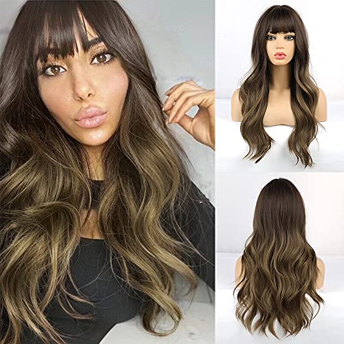 CAUGHTOO Light Brown Wig with Bangs Long Wavy Wigs for Women Ombre Light Brown Wig with Bangs Synthetic Wigs Long Natural Wave Heat Resistant Hair Wigs for Daily Party Cosplay (Ombre Light Brown)