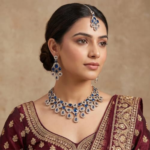 Image of I Jewels Traditional Teardrop Design & Stone Necklace Jewellery With Earrings & Maang Tikka Set for Women (IJ414)