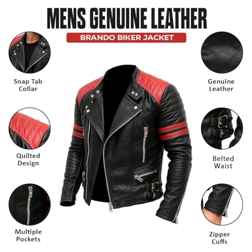 Image of Black Leather Jacket for Men - Cafe Racer Brando Style with Red Stripes Quilted Motorcycle Real Leather Jacket