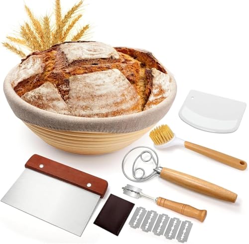 Sourdough Proofing Basket Gift Set 9 Round Banneton Bread Baking Supplies Sourdough Starter Kit with Cloth Liner Dough Whisk Scrapers Brush - Ideal for Artisan Bread