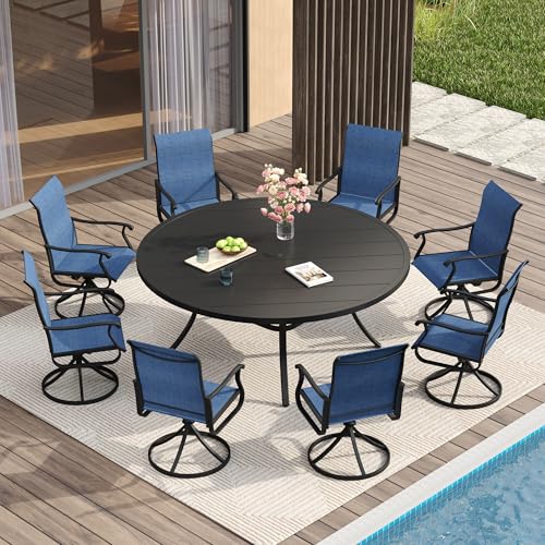 Image of VICLLAX 60 inch Outdoor Round Patio Table for Lawn Garden, All Weather Metal Round Patio Dining Table with Adjustable Umbrella Hole, Outdoor Table for 8-10 Person, Black Tabletop