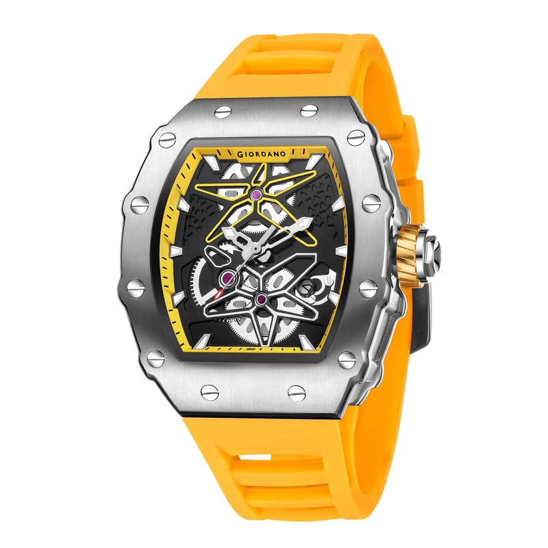 Image of Giordano Analog Skeleton Dial Watch for Men - Tonneau Case, Silicone Strap, Open-Gear Sport Design, Quartz Movement
