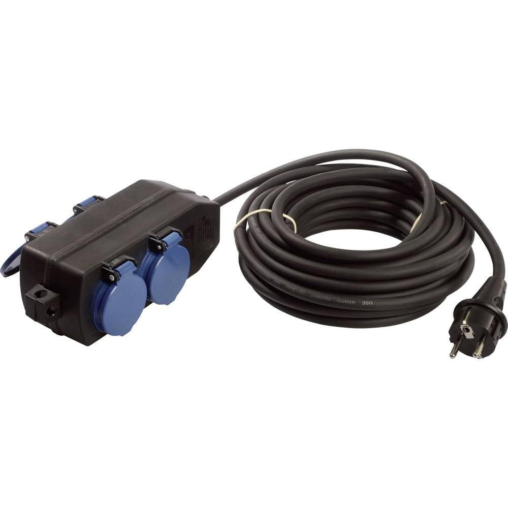 as - Schwabe 60671 4-Drożny Solidny Gumowy Wąż Linii Przedłużającej Kabel Rozprowadzający Gniazdo, IP44, IP44, 230 V/16 A, 10 m Długość Kabla, Czarny