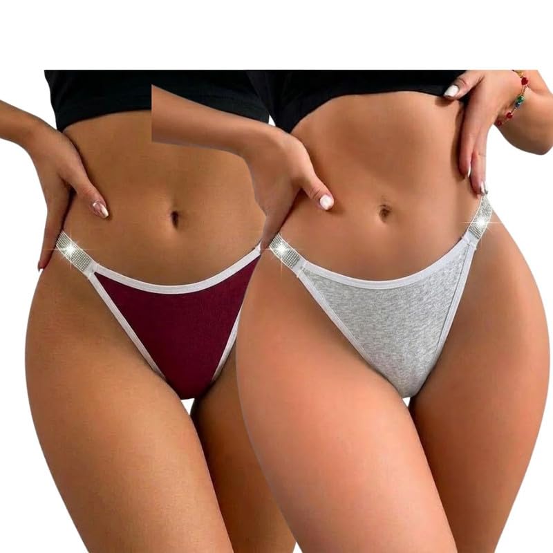 yuvivayrox Women Glitter Sexy Panties Cute Shine Strap G String Thong Lingerie Studded Brazilian Panty Seamless Underwear Pack of 2 (Grey-Maroon)-picture-24