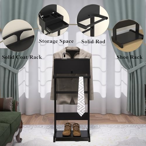 Image of Mens Valet Stand with Drawer, Tray, Shoe Shelf and Suit Rack, Wooden Clothing Rack for Men Women, Clothes Valet Stand for Bedroom Entryway