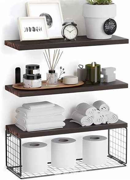 YY YITIKA Floating Shelves Set of 3, Wall Mounted Shelf with Wire Storage Basket, Wood Hanging Shelving for Bathroom, Bedroom, Living Room, Kitchen Decor