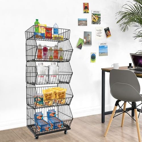 5 Tier Retail Display Rack, 44LBS Capacity Per Tier Slanted Basket Merchandise Rack with 4 Wheels, Metal Wire Display Shelf Cart for Store Home Kitchen