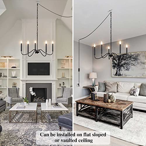 Image of Black Plug in Chandelier Light, 5 Lights Farmhouse Plug in Hanging Light