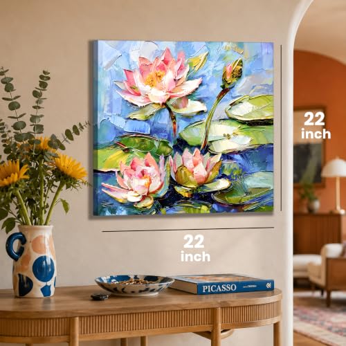 Image of PAINTINGMANTRA Lotus Flower Canvas Wall Art Painting for wall decoration, Lotus Flower Pond Floral Stretched Canvas for Living Room, bedroom, Home and Office, 22x22 Inch