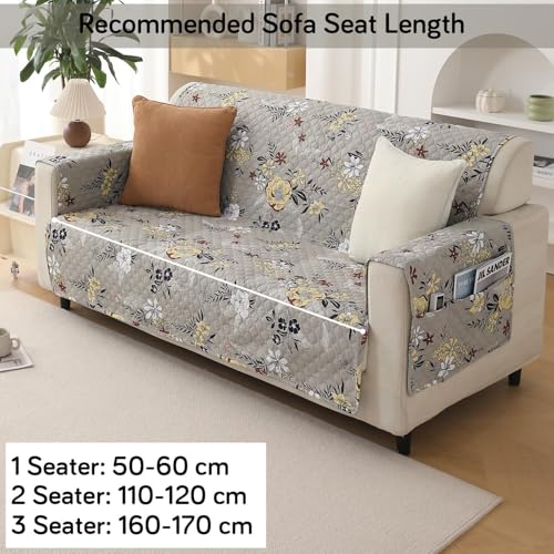Image of HOKIPO 'VivaCasa Series' Polyester 2 Seater Quilted Sofa Cover with Pockets, Floral Ash Grey (NEW2-IN-739-D3)