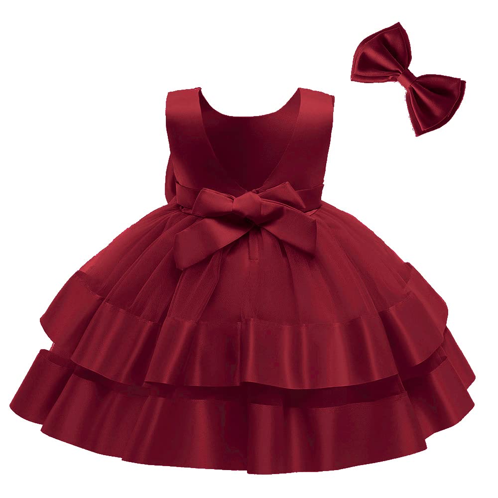 3M-6T Toddler Girl Bowknot Backless Tutu Gown Ruffle Lace Tulle Pageant Dress Baby Party Dresses with Headwear Burgundy 90