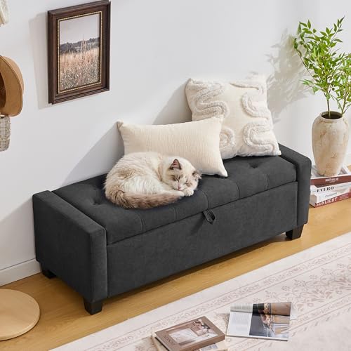 Image of Huatean Home 43 inch Ottoman with Storage, Storage Ottoman Bench with Safety Hinge, Upholstered Entryway Bench with Seating for Bedroom, Living Room, Holds up to 330 lb, Dark Gray
