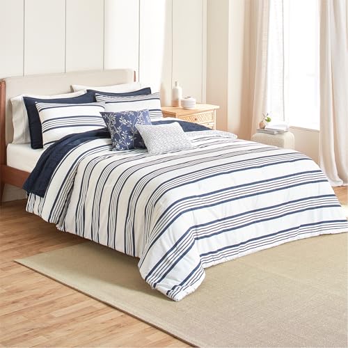 Image of Anne Klein Archer Stripe 4-Piece Cotton Blend Comforter Set - Reversible Bedding with Matching Sham & 2 Decorative Pillows, Oeko-Tex Certified - Navy, Twin