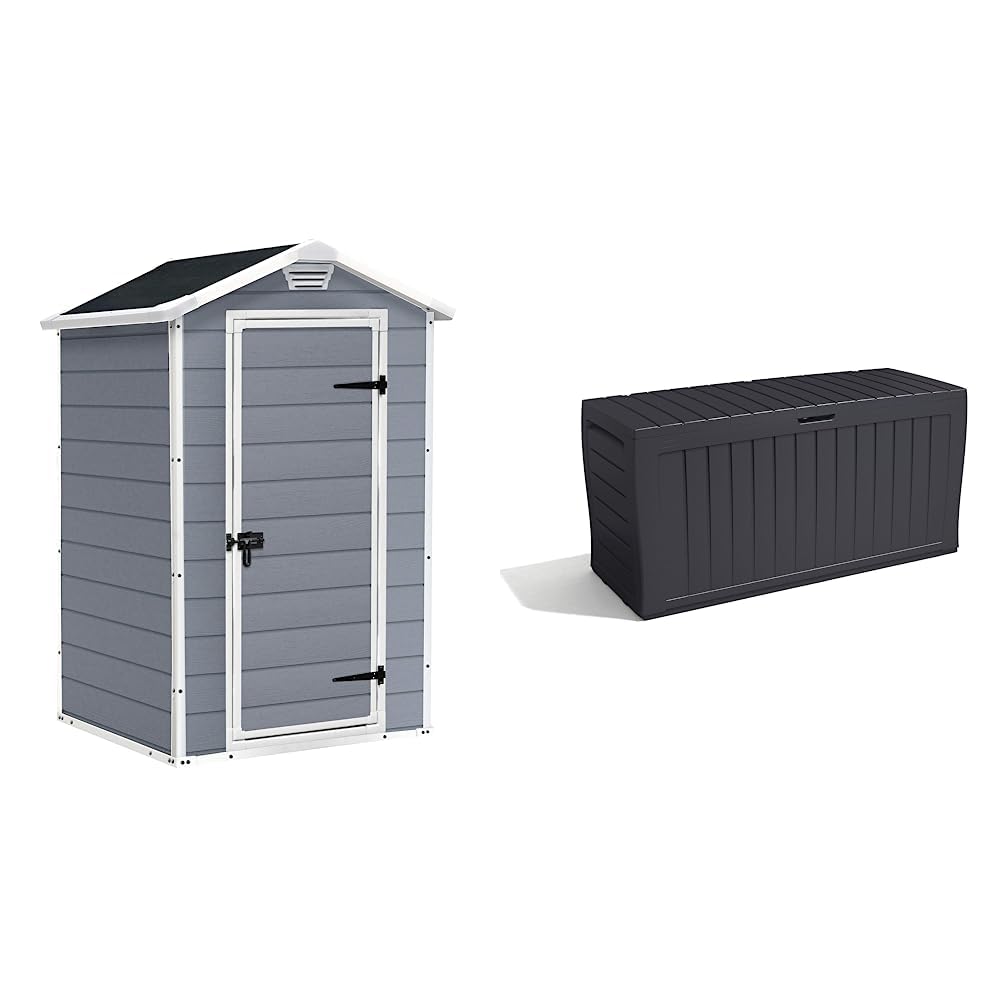 Keter Manor Outdoor Garden Storage Shed, Grey, 4 x 3 ft & Marvel+ 270L Outdoor Garden Storage Box Garden Furniture - Graphite Grey