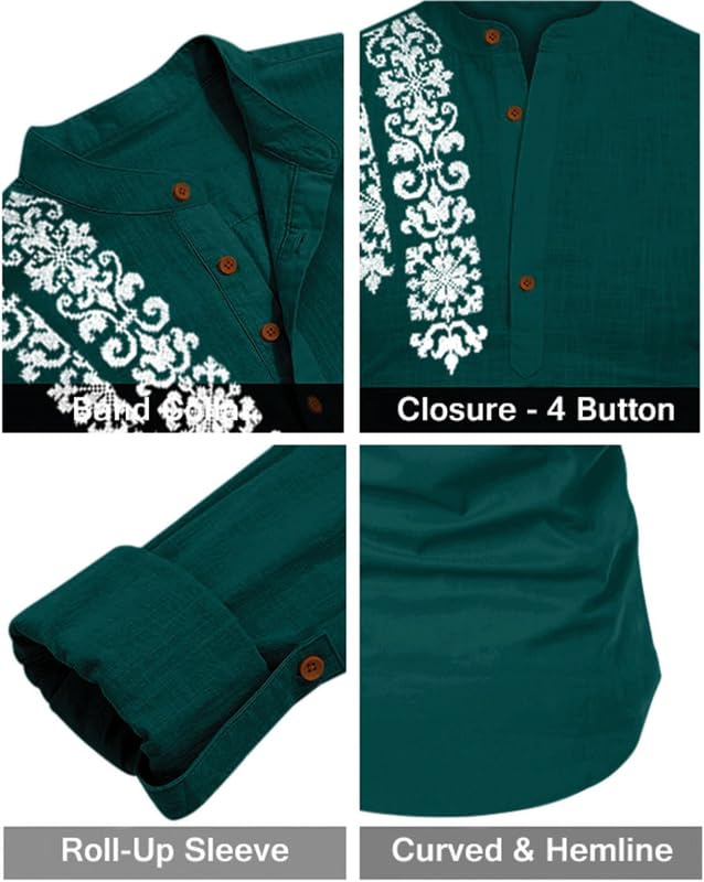 Image of FINIVO FASHION Men's Cotton Blend Short Kurta Shirt | Casual Ethnic Wear with Roll-Up Sleeves & Mandarin Collar | Comfortable Fit Tunic for Festive, & Summer Outings