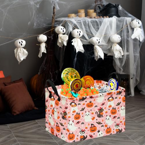 Image of Pink Halloween Storage Basket for Girls, Pumpkin Ghost Bat Spider Design