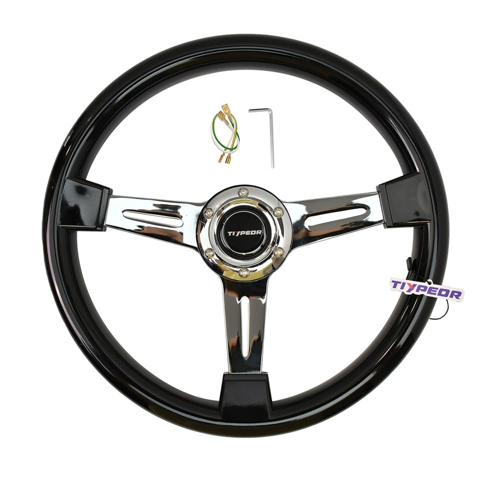 Volante classico in legno di ricambio 350 mm 14" universale per auto, volante retrò con 6 pulsanti clacson e 3 razze cromate, stile vintage per auto, simulazione di guida, motorsport, JDM