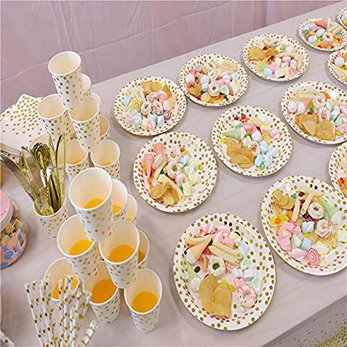 Miniatura 5 de 200 piezas de suministros de fiesta dorados, platos y servilletas dorados, cubiertos para 25 juegos para bodas, despedidas de soltera, compromisos,
