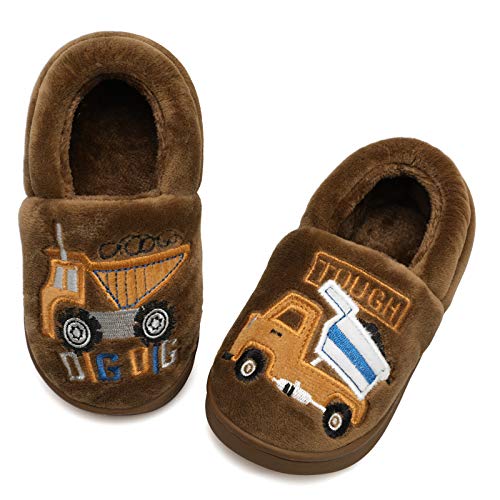 JIASUQI Memory Foam Fluffy House Slippers Indoor Outdoor Home Slipers for Kids Boys Girls Brown 9-10 Toddler