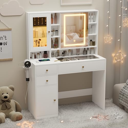 Wodeer Makeup Vanity Desk with Mirror and Lights, White Vanity with Glass Top, Jewelry Storage,...