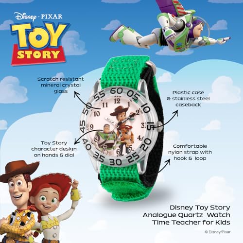 Disney Pixar Toy Story Watch for Boys Ages 3–7 – Featuring Woody and Friends Dial – Great Gift for Kids Who Love Toy Story Toys – Silver Case, Clear Bezel, and Green Fabric Strap with Velcro2