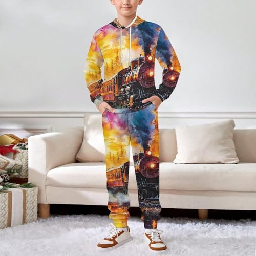 Boy Girl Clothes Outfits Kids Long Sleeve with Pants 2PCS Clothing Set, Train Watercolor Silhouette3